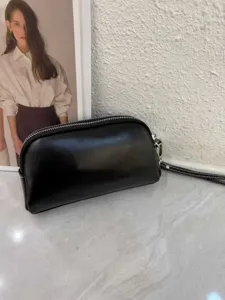 Black genuine leather minimalist women clutch bag daily casual long wallet phone purse.