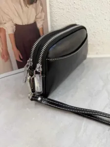 Black leather double zipper women wristlet wallet casual long phone clutch bag detail view