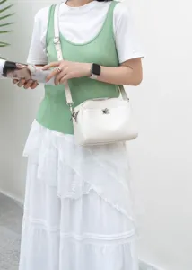 White genuine leather women shoulder bag with metal lock, chic daily crossbody handbag.