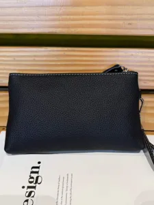 Women's black genuine leather clutch bag large capacity zipper wallet long wristlet purse