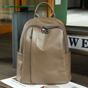 Brown genuine leather backpack for women, large capacity soft leather casual daypack.