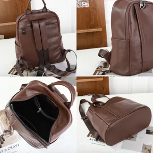 Brown leather backpack detail view showing quality zippers, straps, and spacious interior.