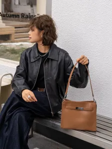 Bolso tote de hombro de cuero marrón retro para mujer, elegante bolso de trabajo con cerradura.