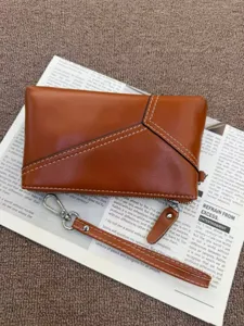 Genuine leather vintage women clutch bag, stylish phone purse with detachable wrist strap.