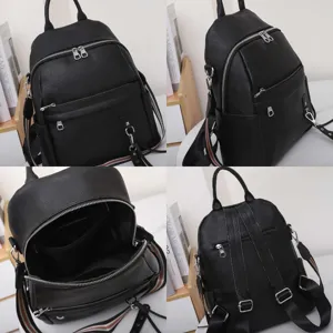 Detailed view of genuine leather women backpack with multiple zippers and convertible straps.