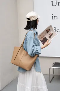 Vue détaillée du sac cabas élégant en cuir camel avec une grande capacité et texture lisse.