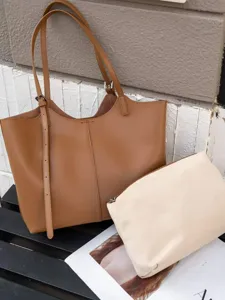 Sac Cabas en Cuir Véritable pour Femmes Grande Capacité Sac à Bandoulière Casual Commuter Sac à Main Classique Unicolore