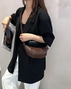 Genuine leather dumpling bag, minimalist vintage crossbody purse for women, stylish croissant bag.