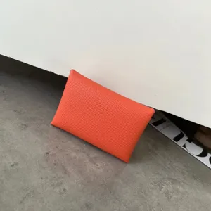 Genuine leather envelope card holder minimalist slim coin purse luxury style orange wallet