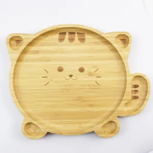 Cute Bamboo Cartoon Cat Shaped Fruit Snack Tray Serving Plate for Dessert and Fruit