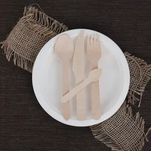 Disposable wooden cutlery set detail showing fork, knife and spoons on plate for rustic table.