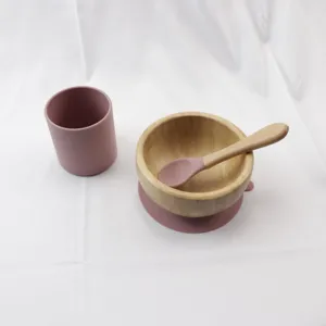 Baby wooden bowl silicone suction cup spoon set toddler feeding tableware safe design
