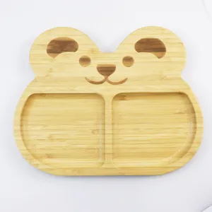 Cute cartoon bear shaped wooden divided plate, natural bamboo fruit tray for snacks and desserts.