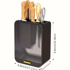 Multi-functional kitchen knife block storage holder with wooden handle knives and clear front cover.