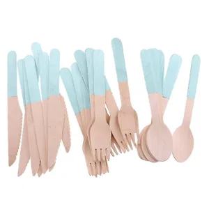 Disposable wooden cutlery set with blue dipped handle, perfect for desserts and ice cream.