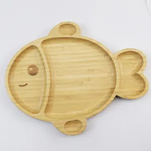 Cute cartoon fish shaped bamboo partitioned serving tray for fruits and snacks detail view