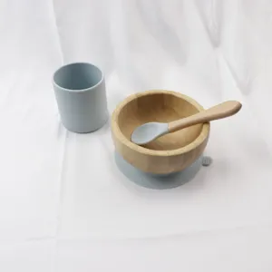 Wooden baby bowl silicone cup suction detail shot safe natural bamboo material children tableware