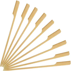 Detailed close-up of natural bamboo paddle skewers, ideal for barbecue and party food usage.