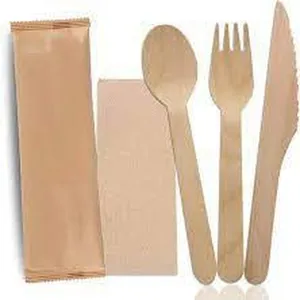 Disposable birch wooden cutlery set, eco-friendly fork, spoon and knife for party and catering.