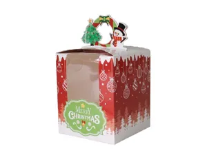 Gedetailleerd overzicht van de kerstpapieren verpakkingsdoos met helder PVC-venster en handvat.