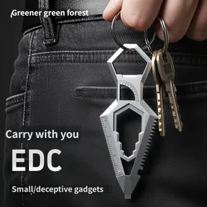 Compact sword EDC multi-tool keychain with ruler, bottle opener, and wrench for outdoor survival.