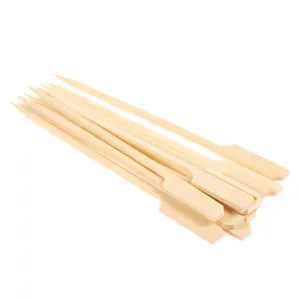 Natural bamboo paddle skewers detail shot, disposable BBQ sticks for oden and grilling.