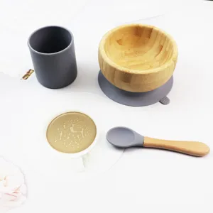 Kids Bamboo Tableware Silicone Suction Bowl Cup And Spoon Children Feeding Tableware Kitchen Dining Supplies