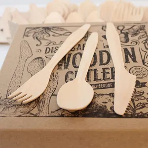 Disposable wooden cutlery set eco-friendly birch fork spoon and knife for party cake dessert.