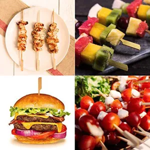 Disposable bamboo skewers and paddle picks for BBQ, fruit, and burgers in detail view