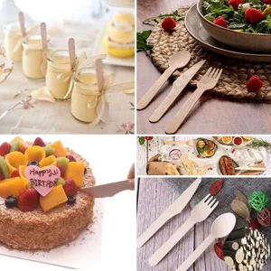 Detail view of eco-friendly disposable wooden cutlery spoons and forks in dessert food scenes.