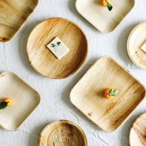 Platos desechables de hoja de palma vajilla de madera natural ecologica para fiesta al aire libre.