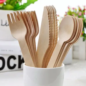 Wooden disposable cutlery set detail, natural birch fork knife spoon for dessert ice cream.