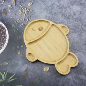 Cute bamboo divided tray in cute cartoon animal shape for fruit, snacks, and delicious desserts.