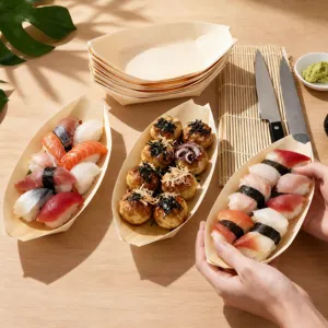 Disposable wooden sushi boats set, eco-friendly food serving trays for parties.