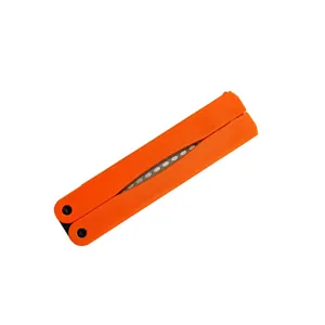 Portable folding knife sharpener detail, orange handle with double-sided diamond stone.