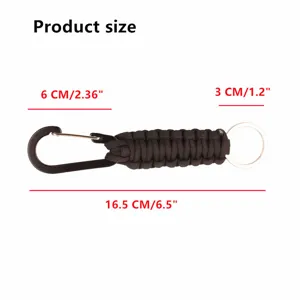 Outdoor paracord keychain with carabiner and ring, durable tactical survival rope utility tool.