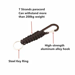 Outdoor paracord keychain detail showing 7 strands rope, aluminum hook and steel ring.