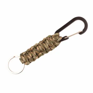 Outdoor paracord keychain with sturdy black carabiner and metal ring for daily utility.