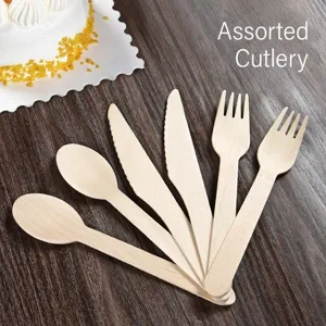 Disposable wooden cutlery set for parties, eco-friendly biodegradable fork, knife and spoon.