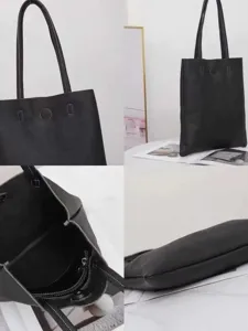 Classic black leather tote bag for women, large capacity shoulder bag for daily casual commute.