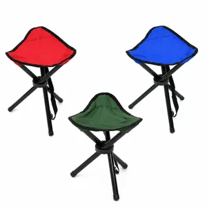 Portable folding camping stool detail shot, lightweight steel frame outdoor fishing chair.