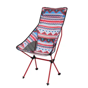 Outdoor folding moon chair with red aluminum frame and geometric fabric for camping.