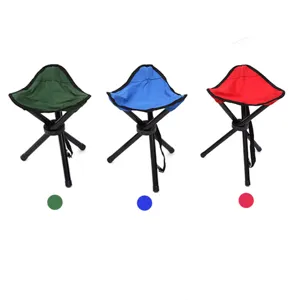 Portable folding tripod stool detail showing green, blue and red color variants clearly.