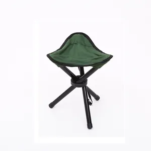 Portable folding tripod stool detail shot, showing green fabric and black metal tube frame.