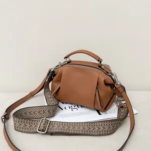 Genuine leather handbag, top layer cowhide casual crossbody shoulder bag with stylish wide strap.