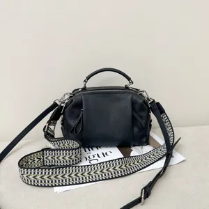 Black genuine leather handbag casual shoulder crossbody bag with wide woven strap for women.