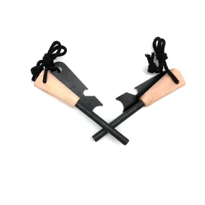 Outdoor survival fire starter with wooden handle and multi-functional scraper tool detail.