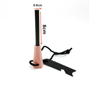Outdoor wooden handle magnesium fire starter survival tool detail view showing dimensions.