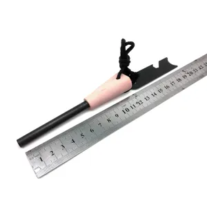 Outdoor wooden handle fire starter magnesium rod with multi-tool scraper and lanyard.