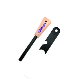 Outdoor survival flint fire starter with wooden handle and multi-functional scraper detail view.